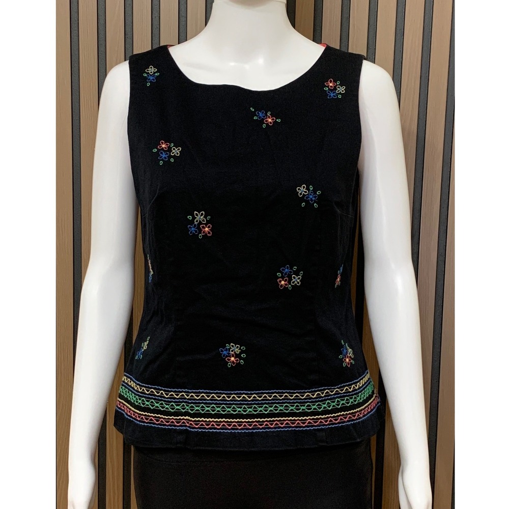 Talbots Women's Black Floral Embroidered Sleeveless Stretch Shell Top Size 8